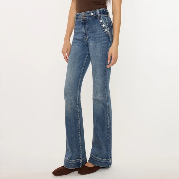 Kancan Kiery High Rise Flare Jeans Wide Hem and Button Detail on Pockets NWT - Picture 5 of 8